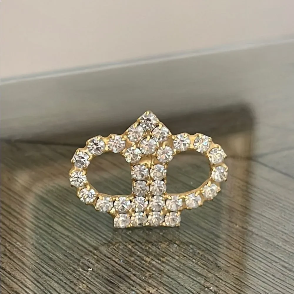 Vintage Gold-tone Crown Brooch with Rhinestones